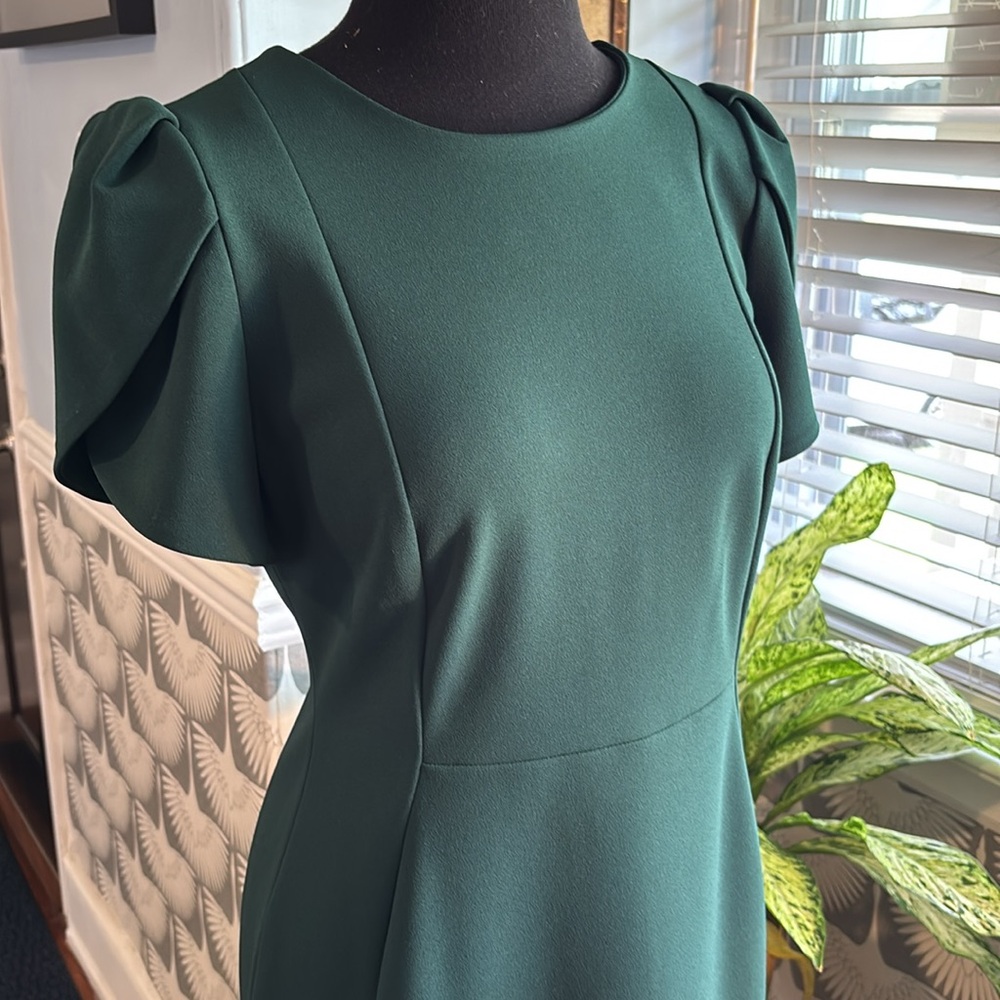 Calvin Klein Dark Emerald Green Midi Work Dress Sheath cap sleeve tulip sleeve - Picture 6 of 7